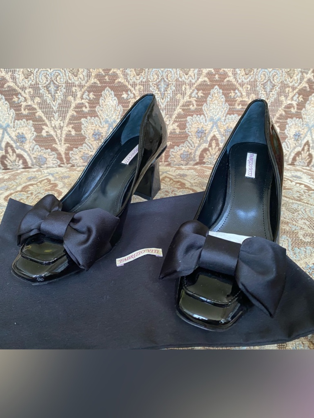 Fabrizio Viti Black Patent Leather Bow Square Toe Slip On Pump Heel Women 37.5